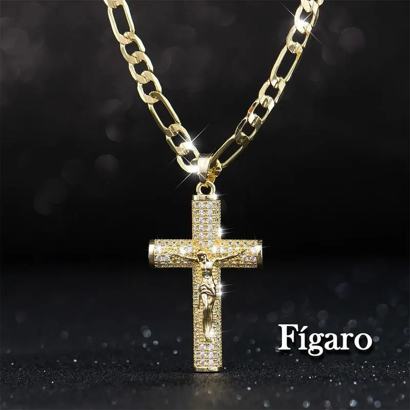 Cali Bling 14k Real Gold-Plated Cuban , Figaro, Miami Cross with Jesus Christ Crucifix,24 inches Long and 6mm Wide,Handcrafted Polishing and Multiple Electroplating Daily Wear Necklace