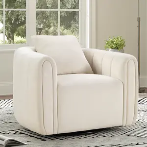 [memorialday] Ebello Swivel Feature Chair with Plump Pillow, Modern Channel Dutch Velvet Upholstery Chair, Comfortable Round Armchair, Swivel Bucket Chair for Kindergarten Living Room Bedroom