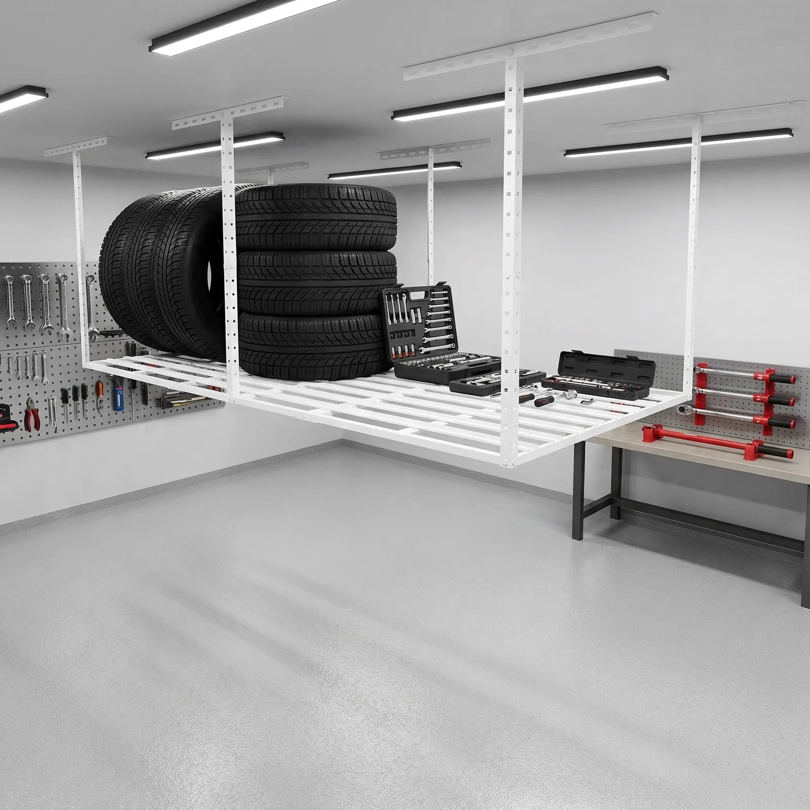 4X6FT Overhead Garage Storage Rack, 22"-40" Height Adjustable Garage Ceiling Storage Racks, Heavy Duty Metal Overhead Storage Organizer System, 800LBS Weight Capacity, Black&White