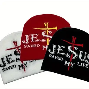 Jesus Saved My Life Rapper Unisex Jacquard Beanie Hat for Autumn Winter Outdoor Versatile Cycling Warm Adult Hats in Three Colors Red Black White