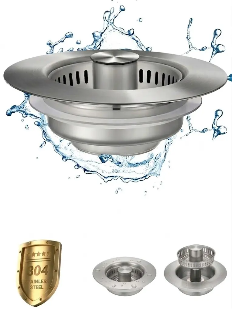 3-in-1 Stainless Steel Kitchen Sink Drain Strainer, Rustproof Deodorizing Anti-Clog Filter Basket, Food & Debris Catcher Plug for US Standard 3-1/2 Inch Drains
