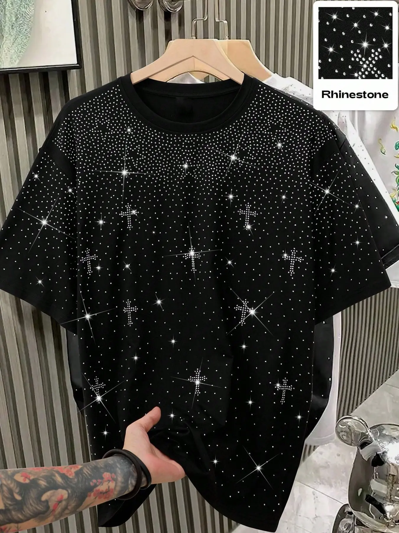 Y2K Aesthetic Rhinestone Cross Graphic Oversized T-Shirt - Sparkly Cyber Goth Streetwear for Night Out & Clubbing, Unisex Loose Fit Bling Tee Top