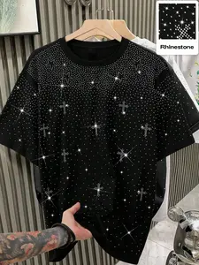 Y2K Aesthetic Rhinestone Cross Graphic Oversized T-Shirt - Sparkly Cyber Goth Streetwear for Night Out & Clubbing, Unisex Loose Fit Bling Tee Top