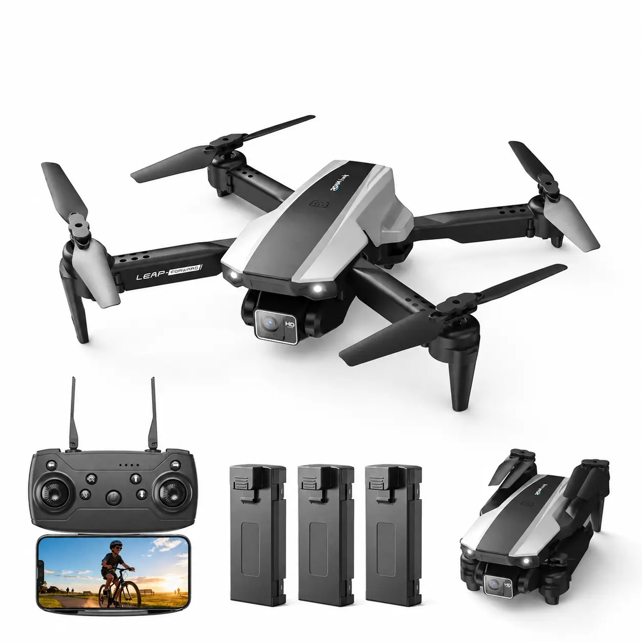 Wefone H30 Foldable Folding Drone with Camera - Adjustable Remote Control, Portable Lightweight, User-Friendly, 360° Flips, Altitude Hold, Optical Flow Positioning, 3 Batteries, Black