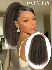 Curly Yaki Drawstring Ponytail, Afro Straight Ponytail Extension for Women, Medium Length, Natural, Daily & Party Use, Afro Kinky Curly