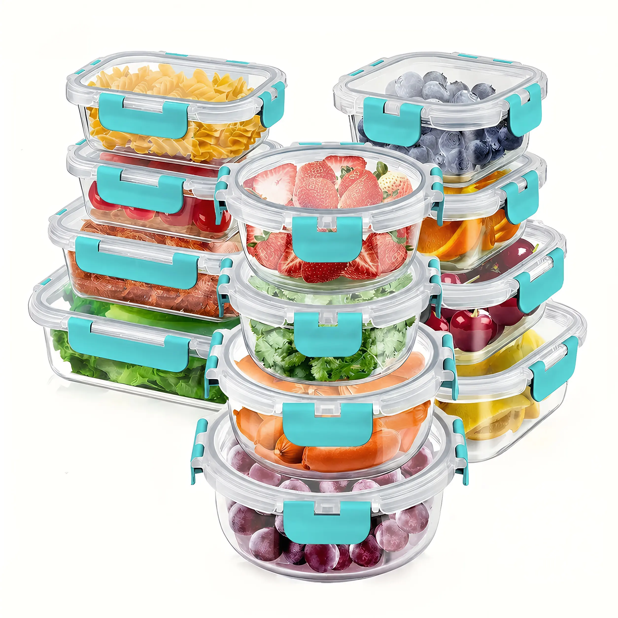 12-Piece Premium Glass Airtight Food Containers - Leak-Proof, Non-Porous, Cylindrical, Food-Safe, BPA-Free, Stain-Resistant, Easy-Clean, Stackable Silicone Lid Set - Microwave, Oven, Freezer, Dishwasher Safe for Meal Prep, 12-Piece Food Containers
