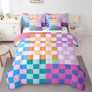 Colorful Checkered Comforter Set with Sheets,7 Pcs Rainbow Checkerboard Grid Bedding Set,Blue Pink Purple Plaid Bed in A Bag for Boys Girls