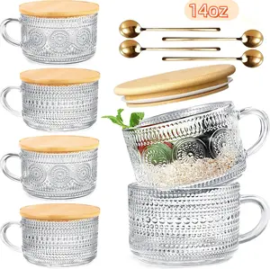 14oz Double Glass Vintage Coffee Mugs with Bamboo Lids and Spoons,Overnight Oats Containers Coffee Cups ,Iced Coffee Glasses，clear luna  bottle red  solo  cup Ceramic Printed Drinkware Classic Reusable wooden