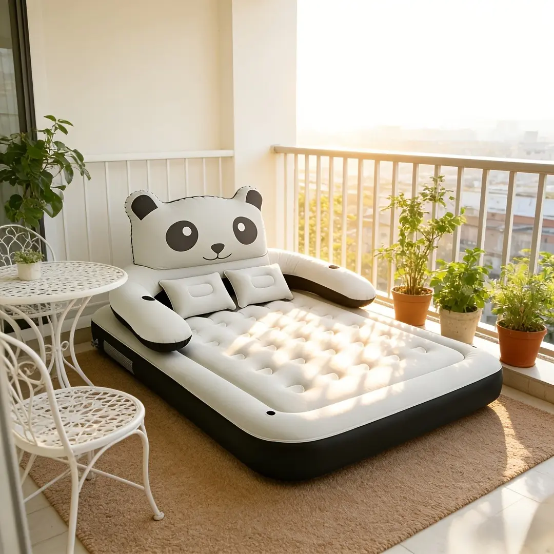 Panda-Themed Inflatable Blow Up Bed - 18-Inch Convertible Sofa Bed with Velvety Soft Top, Fiber-Tech Construction, Detachable Design (Backrest, Seat, Lumbar Support), Portable Cushion for Camping & Home, Inflatable Travel Bed, Sleep Cushion