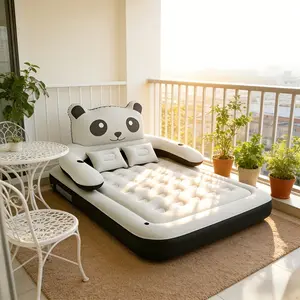 Inflatable Air Mattress with Removable Backrest, Pillows, and Cup Holders – Cute Photo Prop Portable Blow-Up Air Sofa Bed for Indoor and Outdoor Use, Travel Bed for Camping, Garden, Back-to-School Season, Gift - Inflatable Furniture (Panda Theme)
