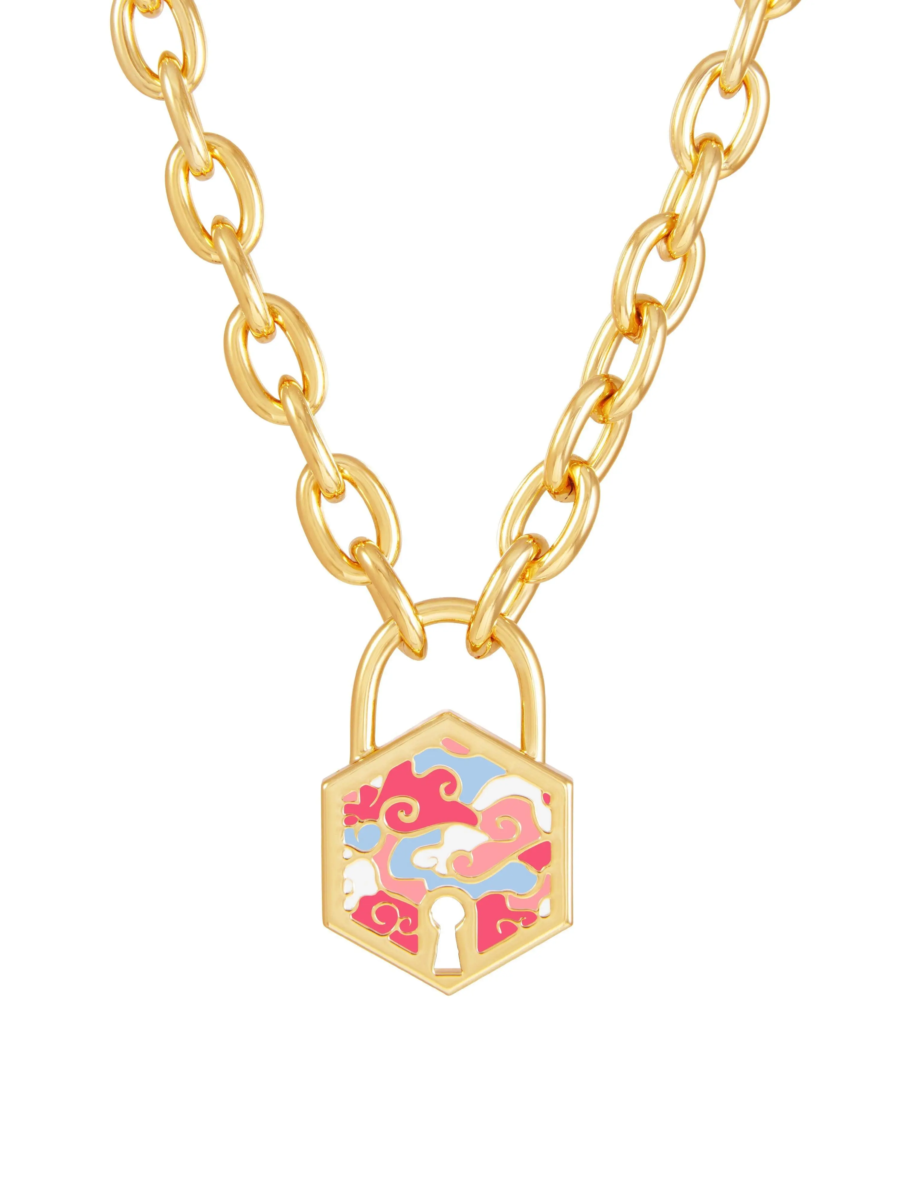 Hexagon Padlock Necklace - Hand painted with chunky chains. Unisex gold statement piece