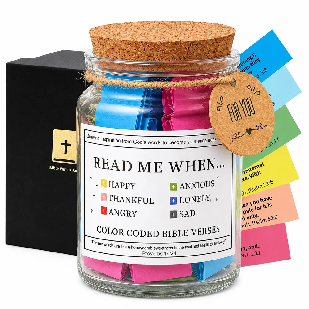 bible verse jar, color coded scripture cards, christian gifts for women, glass prayer jar, emotional support desk decor, read me when jar, walk with the bible jar, religious holiday gifts, mindfulness gift, baptism present, scripture in a jar