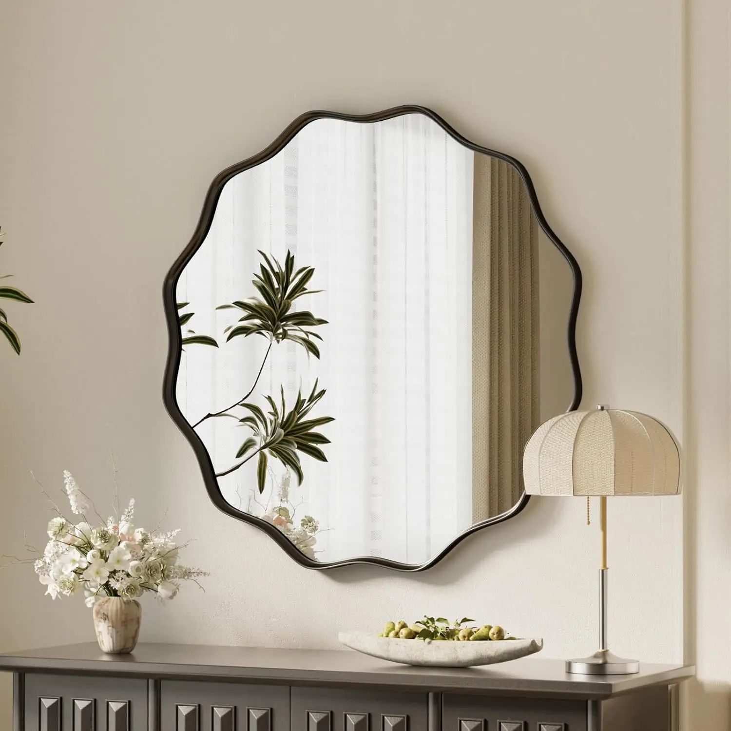 20" Black Scalloped Edge Round Tempered Glass Wall Mirror with Textured Deep Metal Frame, Elegant Modern Decor for Bathroom, Hallway, Hanging or Leaning Design