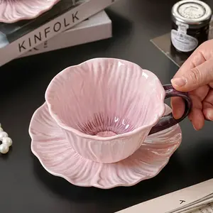 Gift for Her 💗 Floral Embossed Ceramic Cup with Saucer  Vintage Coffee Mug therapeutic cup for Cappuccino   Latte Art Coffee Cup Pink and Blue Flower Cup 🌸  Aesthetic Ceramic Drinkware Cup Ceramic Beverage Cup