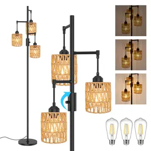 DEMILARE  3-Light Boho Floor Lamp for Living Room, Rattan Wicker Standing Lamp Palm Tree Design, Farmhouse Coastal Floor Light with Woven Shade, Tall Bohemian Lamp,   Adjustable Leds, Stock Up,Mother's Day