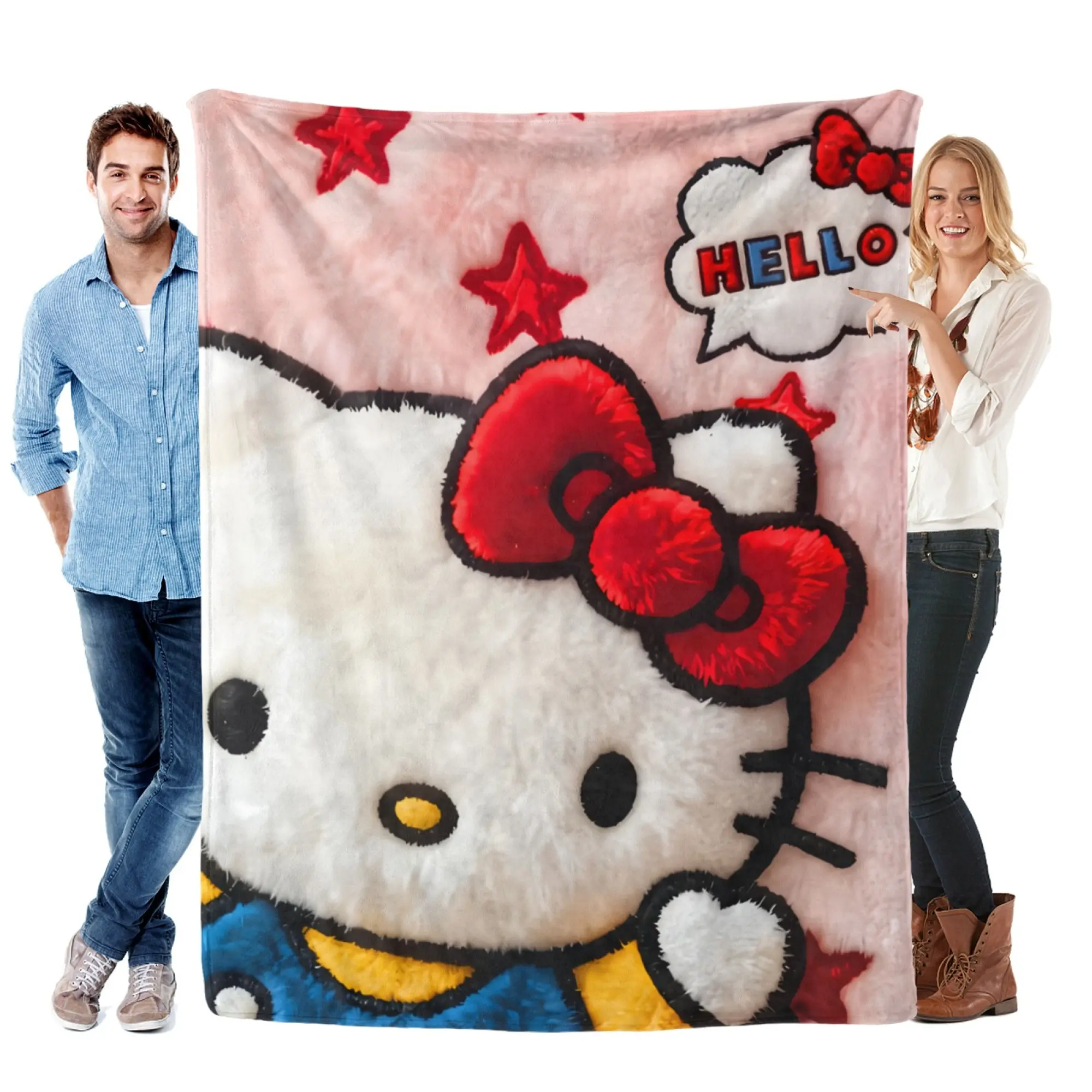 Sanrio Hello Kitty Cartoon Character 2D Print Fleece Fabric Blanket - Cute Pink Aesthetic Home Room Decor Bedding, Ideal for Birthday Gifting, Soft