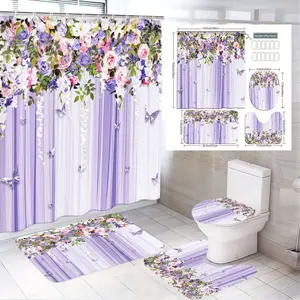 1/4pcs Floral Purple Stripe Shower Curtain Set - Lavender Vertical Stripes with Pink Purple Flowers Butterflies, Matching Rugs, Toilet Lid Cover, Hooks - Perfect for Spring Easter Decor, Vibrant Home Bathroom Upgrade