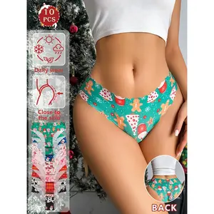 10-pack Christmas-themed panties – Santa Claus, reindeer, and gingerbread man fitted briefs, suitable for Christmas, Halloween, Valentine’s Day, and everyday autumn and winter wear for women.