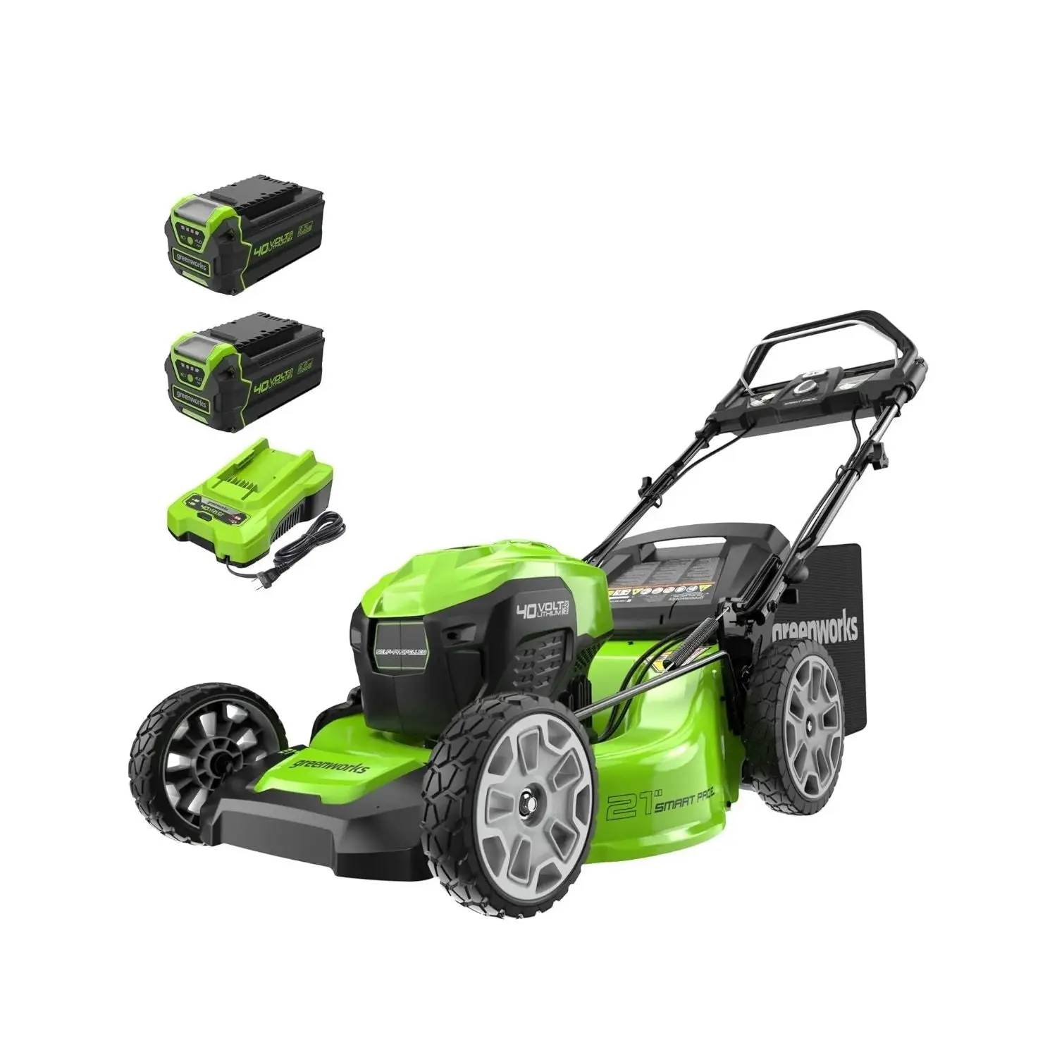 Greenworks 40V 21" Brushless Motor Self-Propelled Cordless Power Lawn Mower, Steel Deck Garden Tool with Dual 4.0Ah Batteries, Auto Speed Match & Mulch/Bag/Discharge Capabilities for Efficient Grass Cutting, Grass Cutting Tool