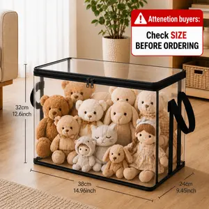 SummerVibes Stuffed Animal Storage PVC Organizer Bag Doll Storage Container Dustproof Box with Carrying Handle for Playroom Living Room Children's Birth, Black
