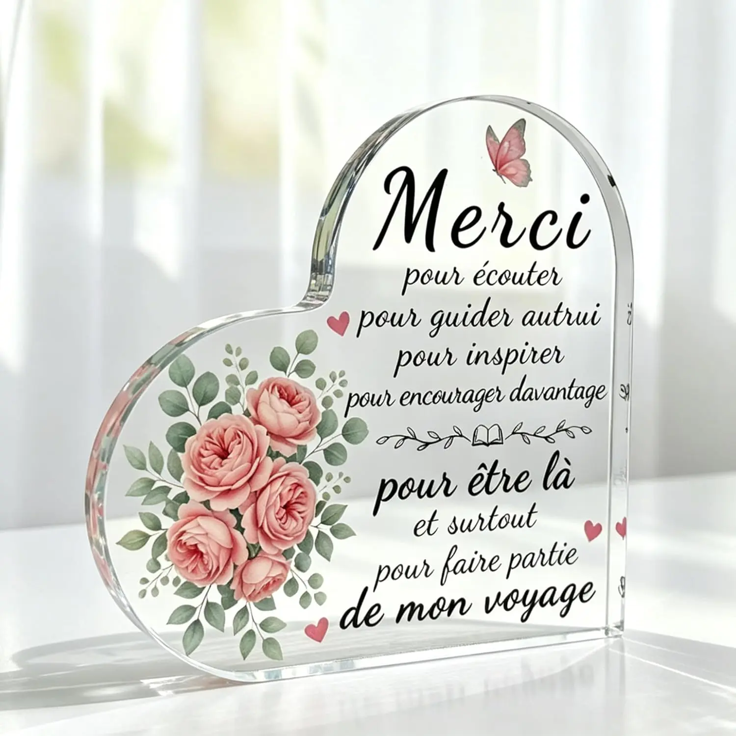 2D Heart-Shaped Flat Acrylic Tabletop Plaque - Pink Rose Butterfly Grateful Quote Office/Home Decor Desk Sign, Thanksgiving Thank You Appreciation Gift for Mentors/Friends