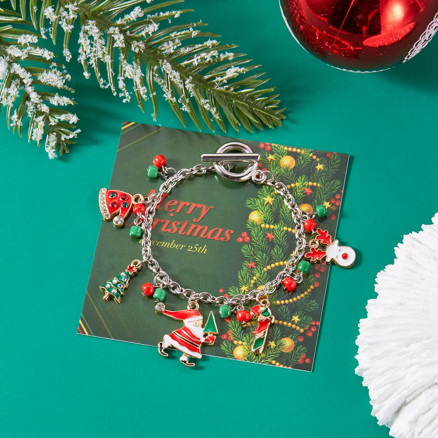Festive Christmas Charm Bracelet, Santa Style, Bag Clip, Holiday Jewelry Gift