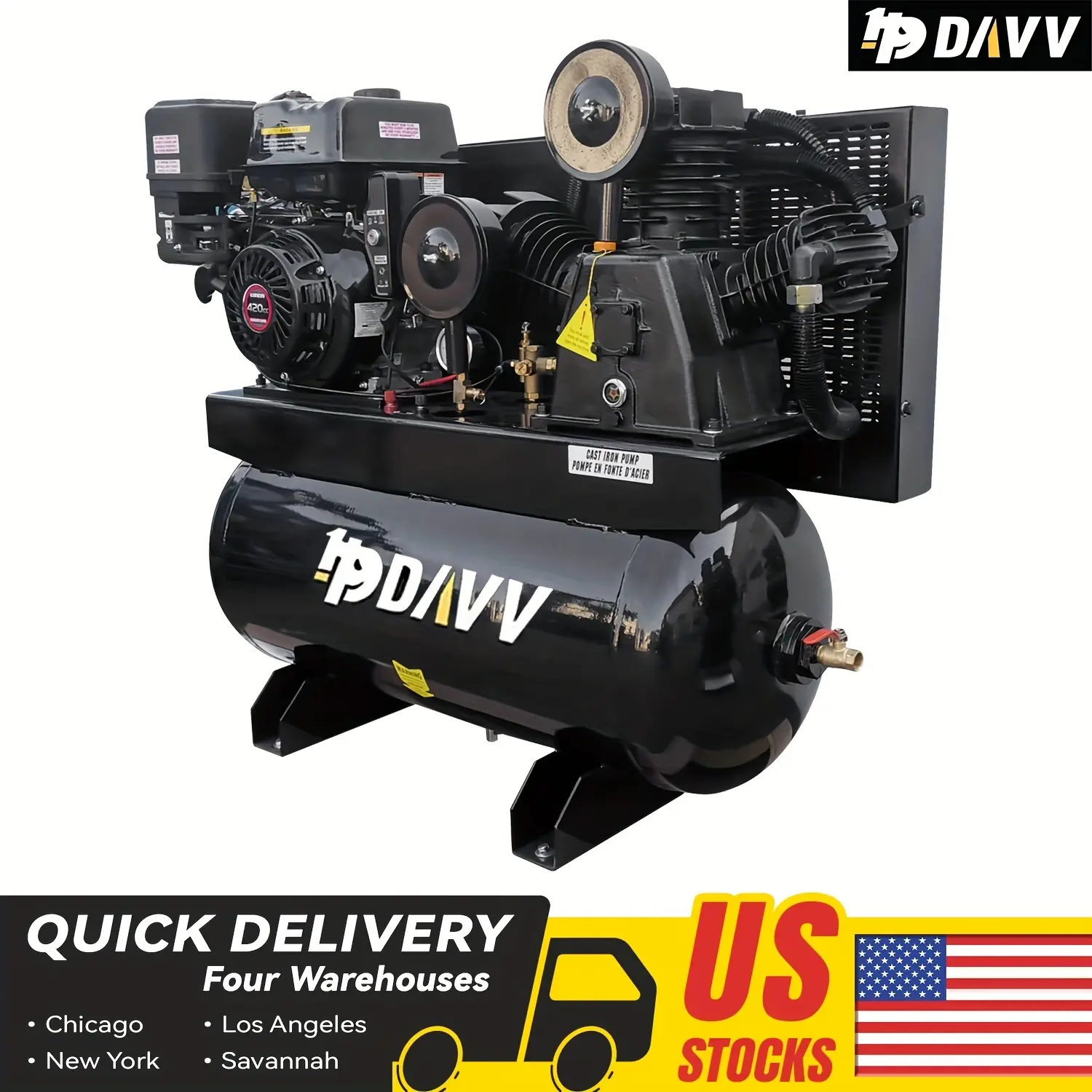 HPDAVV Gas-Powered Piston Air Compressor with 13HP And 24CFM, Featuring an Electric Start And a Gasoline-Driven Piston Pump. This Compressed Air System Operates at a Maximum Pressure of 180PSI And Includes a 30-Gallon ASME Tank