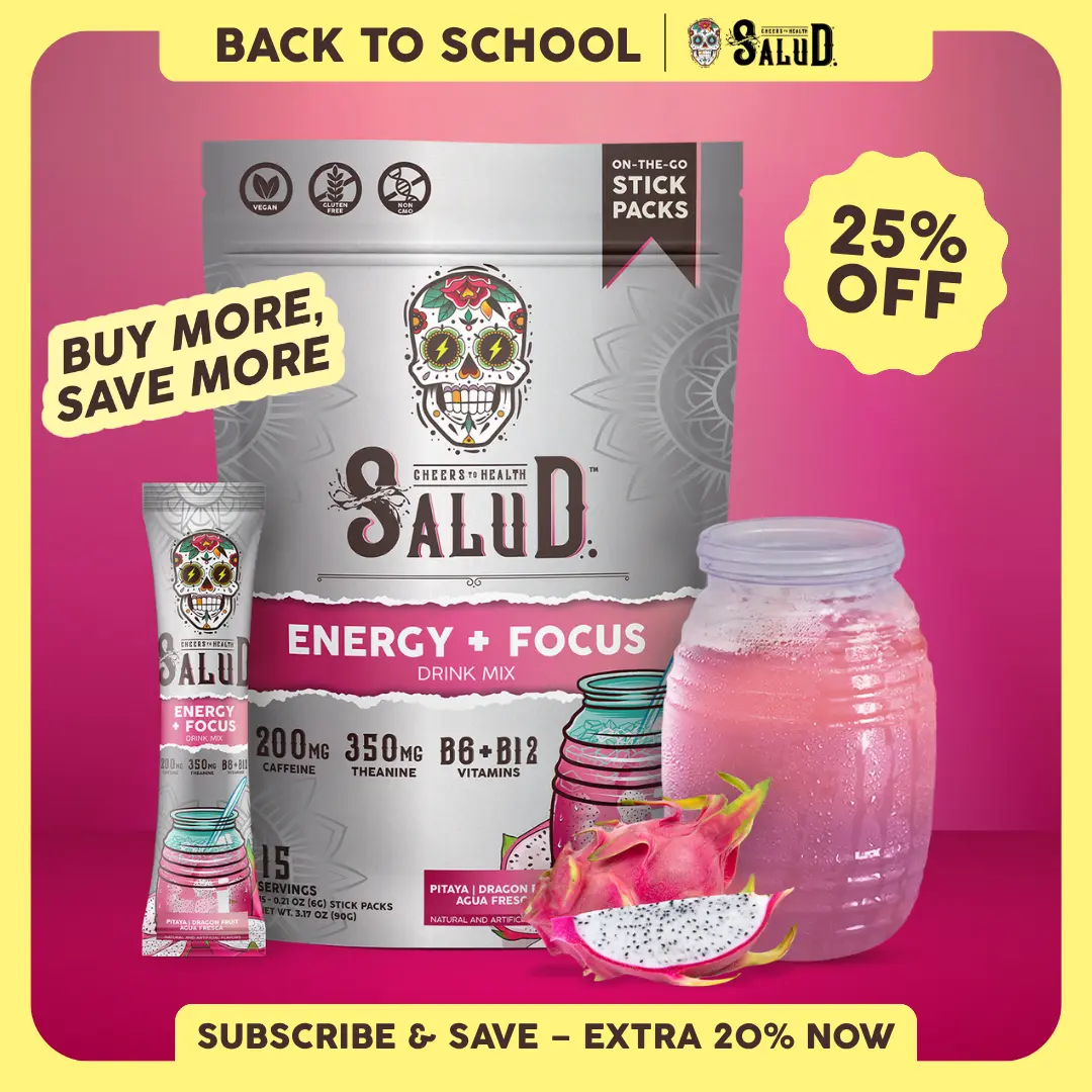 Salud 2-in-1 [Energy + Focus - Pitaya | Dragon Fruit] Clean Energy Drink Mix, Agua Fresca, Organic Caffeine (200mg), L-Theanine (350mg), L-Tyrosine, Vegan, Non-GMO, Gluten Free, Low Calorie, 1g Sugar (15 Servings)
