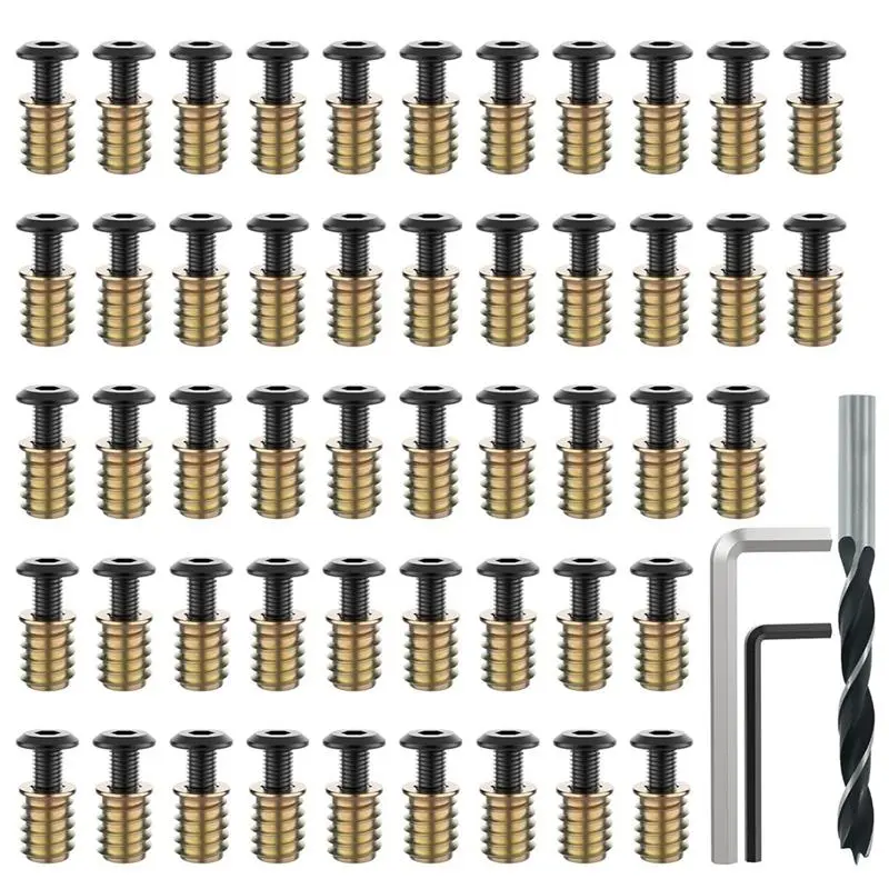 50 Sets 1/4-20 X 19/32" Threaded Insert and Bolt for Wood, Hex Socket Drive Furniture Screw Nut Assortment Kits