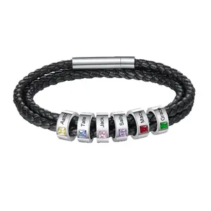 AS612 Father's Day Gift Custom Engraving Name Beaded Bracelet Black Leather Rope DIY Birthstone Woven Bracelet Men