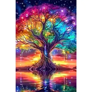 1PC 5D diamond painting  2d flat printing  Rainbow Tree Diamond Painting Kit DIY Crystal Rhinestone Art for Home Decor with Starry Night Sky and Sunset Reflection Craft Gift for Adults Kids 5D Emb Diy Craft Supplies