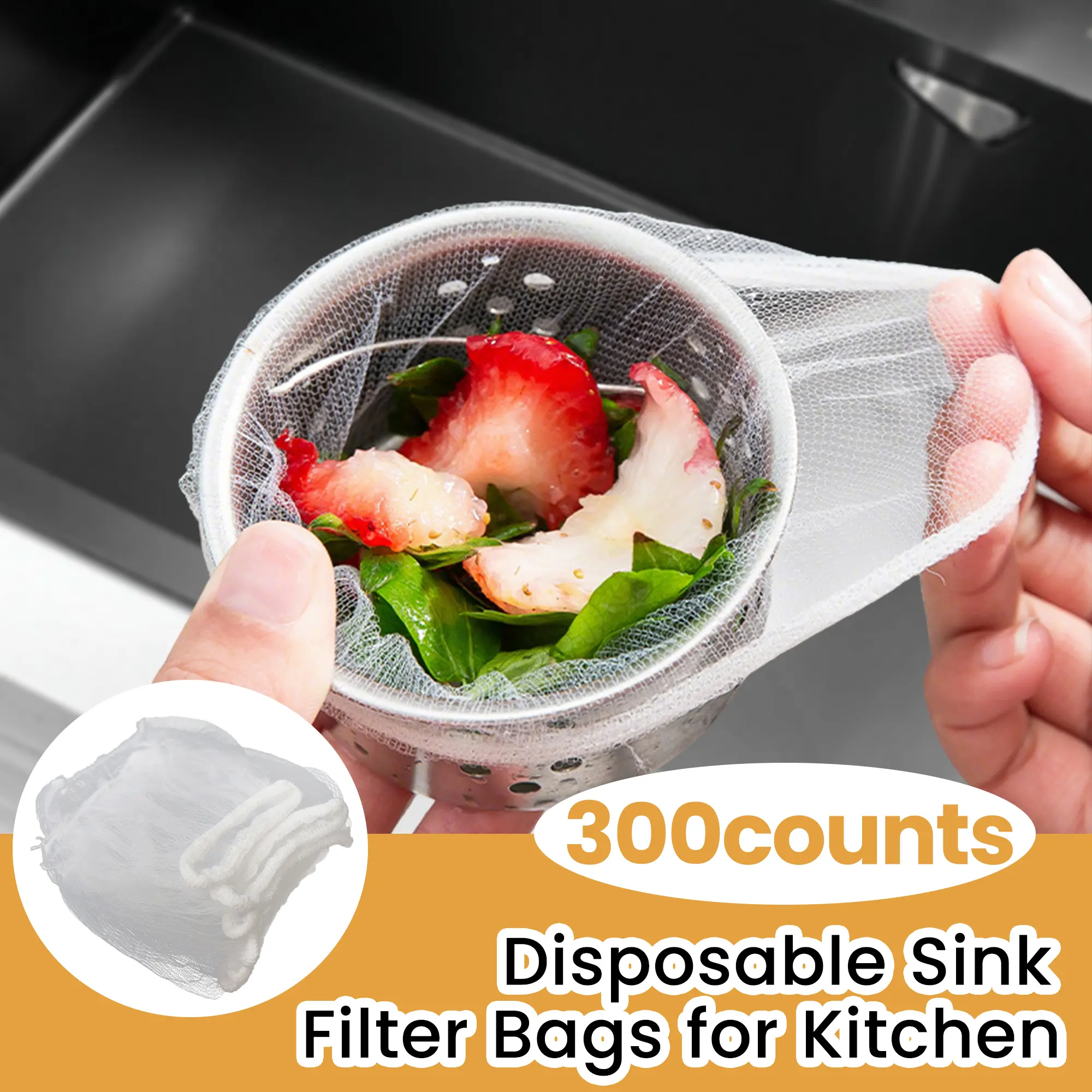 300 Counts Kitchen Sink Strainer Mesh Bag, disposable design with fine meshes, works for kitchen drains