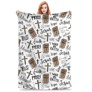Super Soft Christian Bible Jesus Flannel Print Blanket, Premium Lightweight Multi-Size Bedding Throw with Christian Motifs, Faith, and Pray Elements for Cozy Modern Use