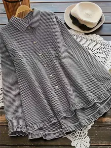 Elegant Casual Embroidered Plaid Button-Down Shirt Blouse, Loose-Fitting Long Sleeve Top for Women, Spring & Fall Fashion