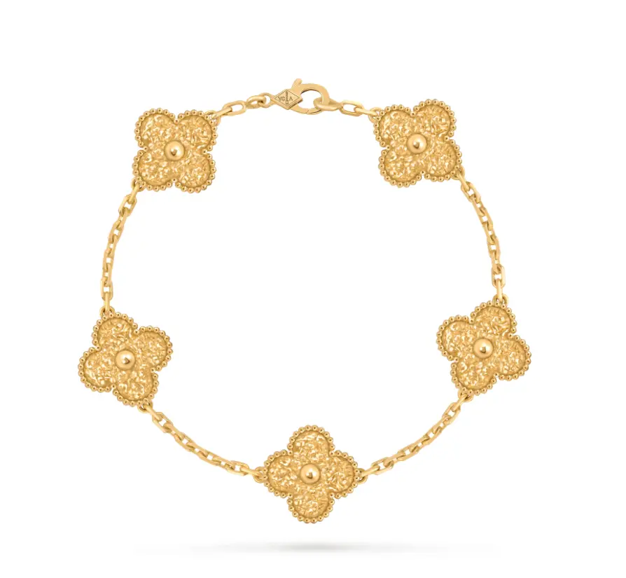 Pre-owned Van Cleef & Arpels Vintage Alhambra Bracelet 5 Motifs,hammered, Textured 18K Yellow Gold, Full Set