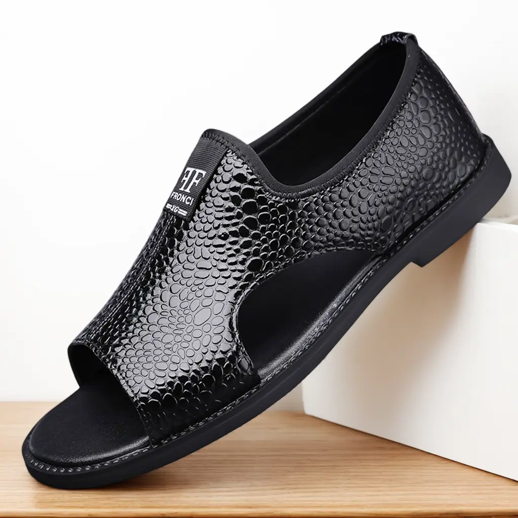 Men's Croc Embossed Flat Sandals - Senior Slip-On Ankle Footwear, Flexible Lightweight Casual Shoes, Rubber Sole, Korean Street Design, Holiday Spring Summer Black/Brown/Tan