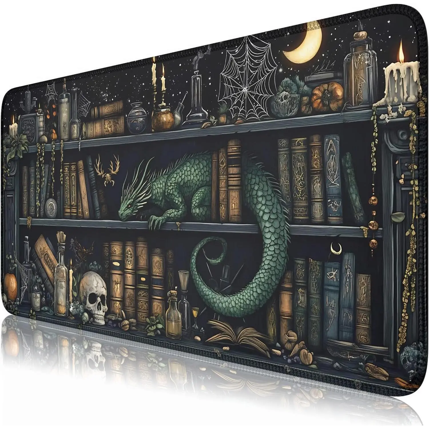 Black Desk Mat Dragon Library Bookshelf Mouse Pad Big XXL Extended Vintage Gaming Large Mouse Pad for Desk Mousepad with Stitched Edges, Keyboard Mouse Mat for Work Game Office 31.5x15.7 in