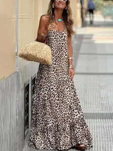 Women's Leopard Print Halter Neck Dress, Fashion Casual Loose Fit Sleeveless Ruffle Hem Dress for Daily Holiday Vacation Wear, Ladies Dress for Spring & Fall, Summer