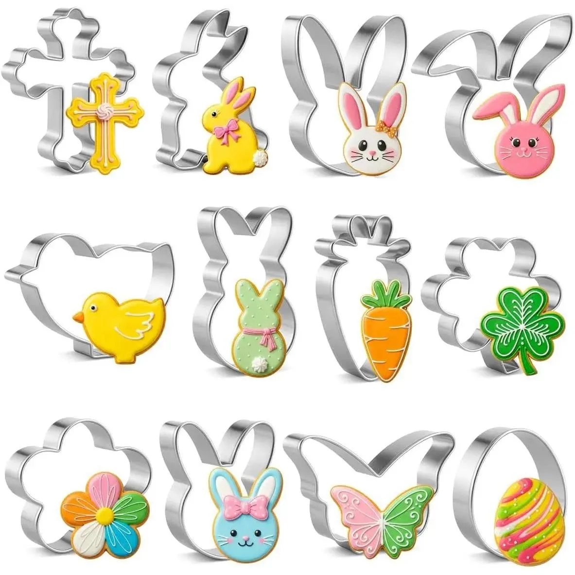 12-Piece Easter Cookie Cutters Baking Set - Kitchen Bakeware Utensils with Carrot, Bunny Face, Leaf, Egg, Flower, Butterfly Shapes, Smooth Rolled-Top Edges, for Holiday Party Supplies, Decorating Cakes, All Ages, Cookie Cutters Set
