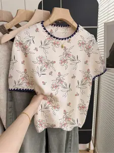 1 piece, French Retro Loose Round Neck Short Sleeve Contrast Trim Beige Women's Multicolor Contrast Floral Print Spring and Summer Knitted Top, Summer Top, Summer Casual Wear, Casual Top, Knitted Pullover, Lightweight Knit Pullover