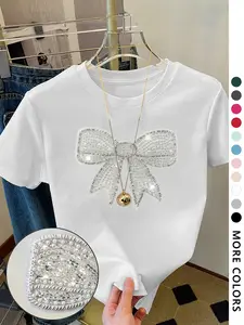 Women's Rhinestone Decor Bowknot Design Tee, Casual Short Sleeve Round Neck T-shirt for Summer, Ladies Clothes for Daily Wear, Top