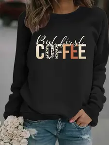 Women's Casual Fitted Coffee Print Pullover Sweater, Soft Long Sleeve Round Neck Crewneck Sweatshirt, All-Season Comfortable Daily Wear, Tops