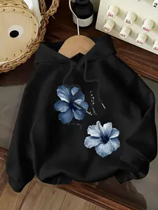 Blue Bellflower Floral Print Hoodie Drawstring Adjustable Sweatshirts, Casual Loose Fit Long Sleeve Women's Clothing, Comfortable and Fashionable, Easy to Match Any, Must-Have Wardrobe Addition, Womenswear