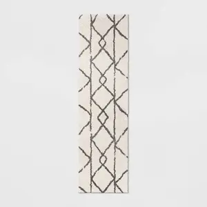2'x7' Geometric Design Woven Runner Rug White - Threshold: High Pile, Fade-Resistant, Modern Indoor Area Rug
