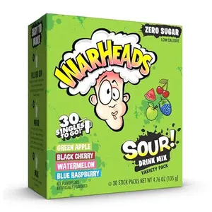 Warheads Singles To Go Sour Drink Mix, 30 Sticks, Variety Pack (Green Apple, Black Cherry, Watermelon, Blue Raspberry), Zero Sugar, Low Calorie