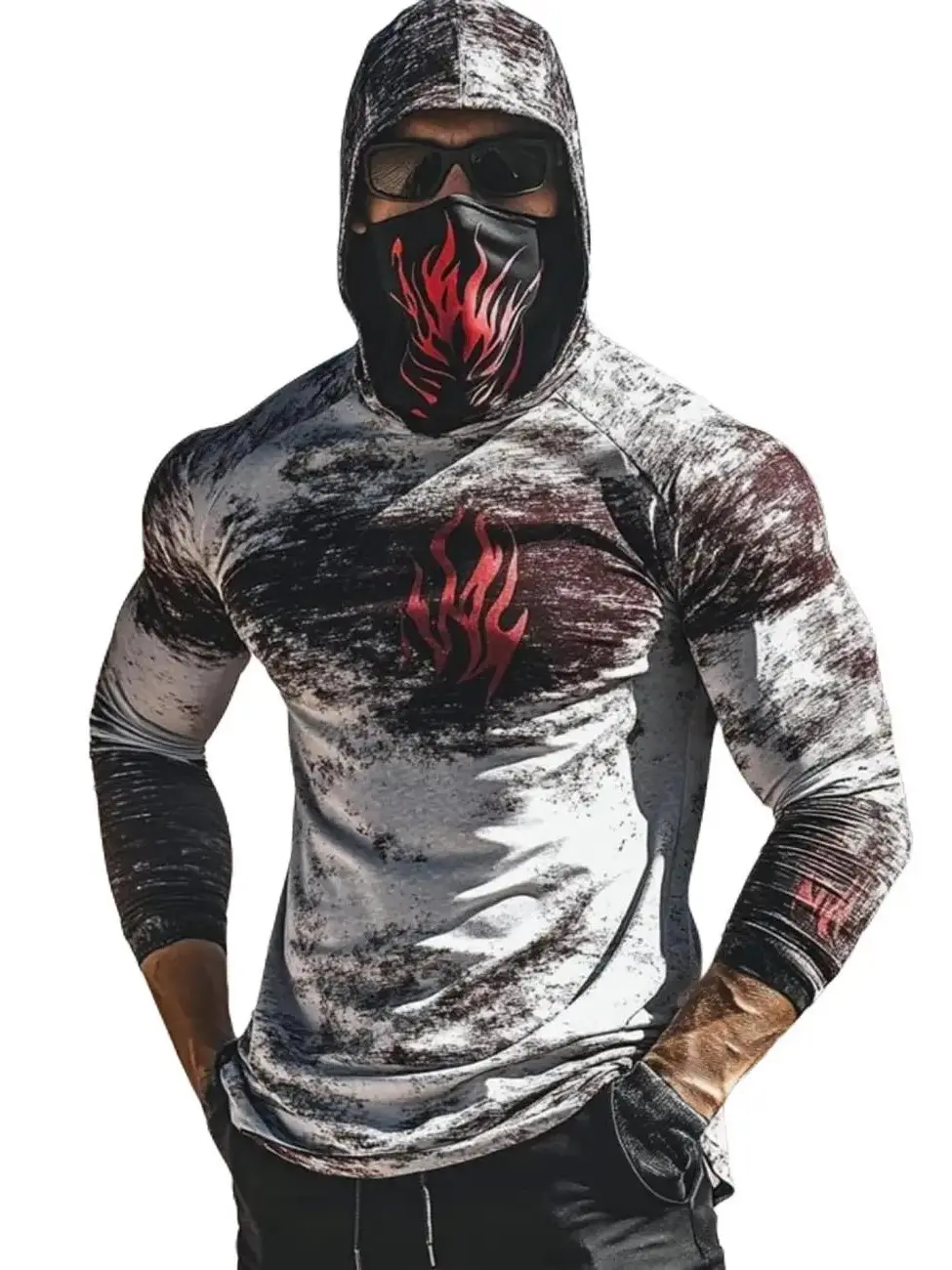 Men's New Long-Sleeved Hooded Sweatshirt - Black & White Old Flame Mask Design, Outdoor Quick-Drying Breathable Hoodie Top