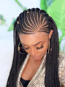 Women's 36inch Long Straight Synthetic Lace Box Braided Wigs for Daily, Cosplay, Anime Or Costume Party, Striking Natural Fluffy Hair Wigs with Bangs for Daily & Party Hairstyle Decoration, Lace Frontal Wigs