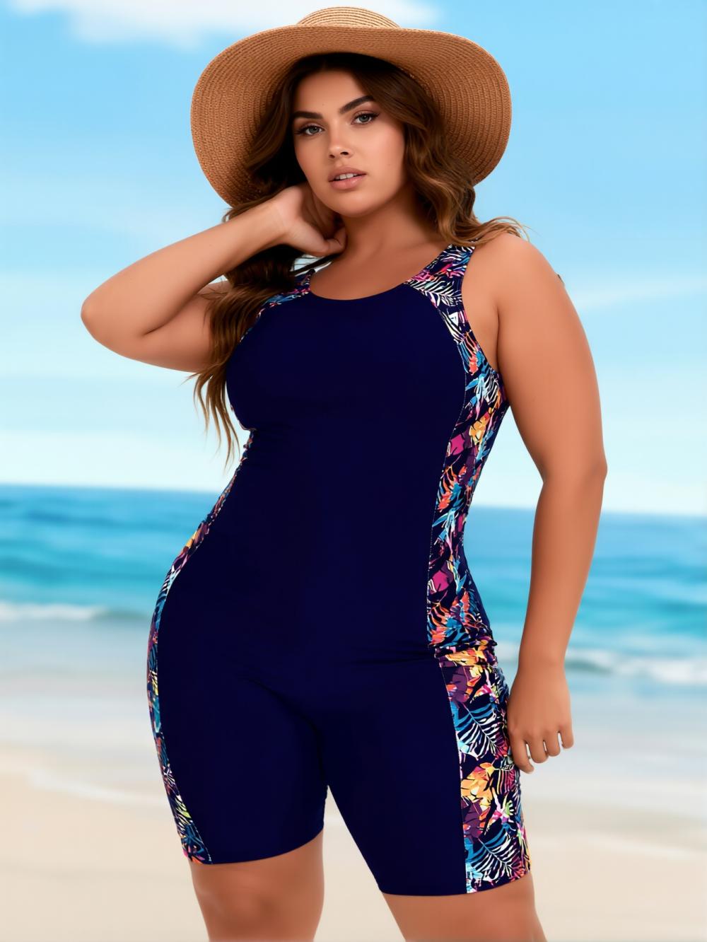 Plus Size Sporty Surf Printed Color Block One-Piece Swimsuit – Tummy Control Slimming Boyleg Bathing Suit