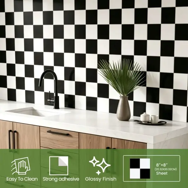 8" x 8"Square Glossy BlacK & White Tile Peel and Stick Backsplash, Seamless Design Kitchen Backsplash Wall Tiles, PVC Stick on Backsplash for Kitchen, Bathroom, RV, Fireplace