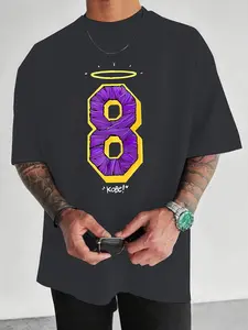 Menswear Kobe #8 Halo Round Neck T-Shirt - Purple Woven Number Graphic, Stretch Knit Fabric, Lakers Tribute Casual Tee
